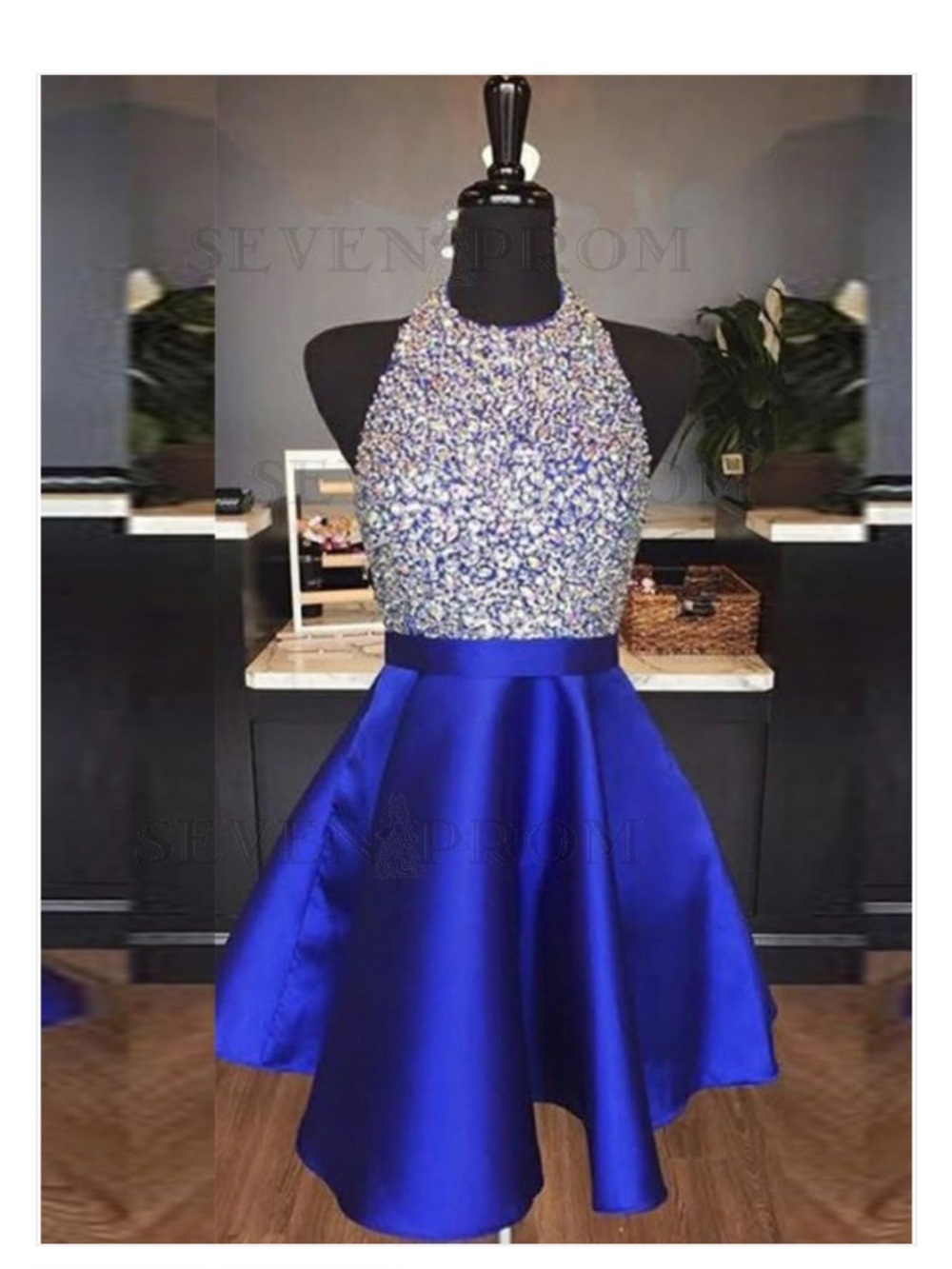 Crystal Embellished Royal Blue Halter Party Dress